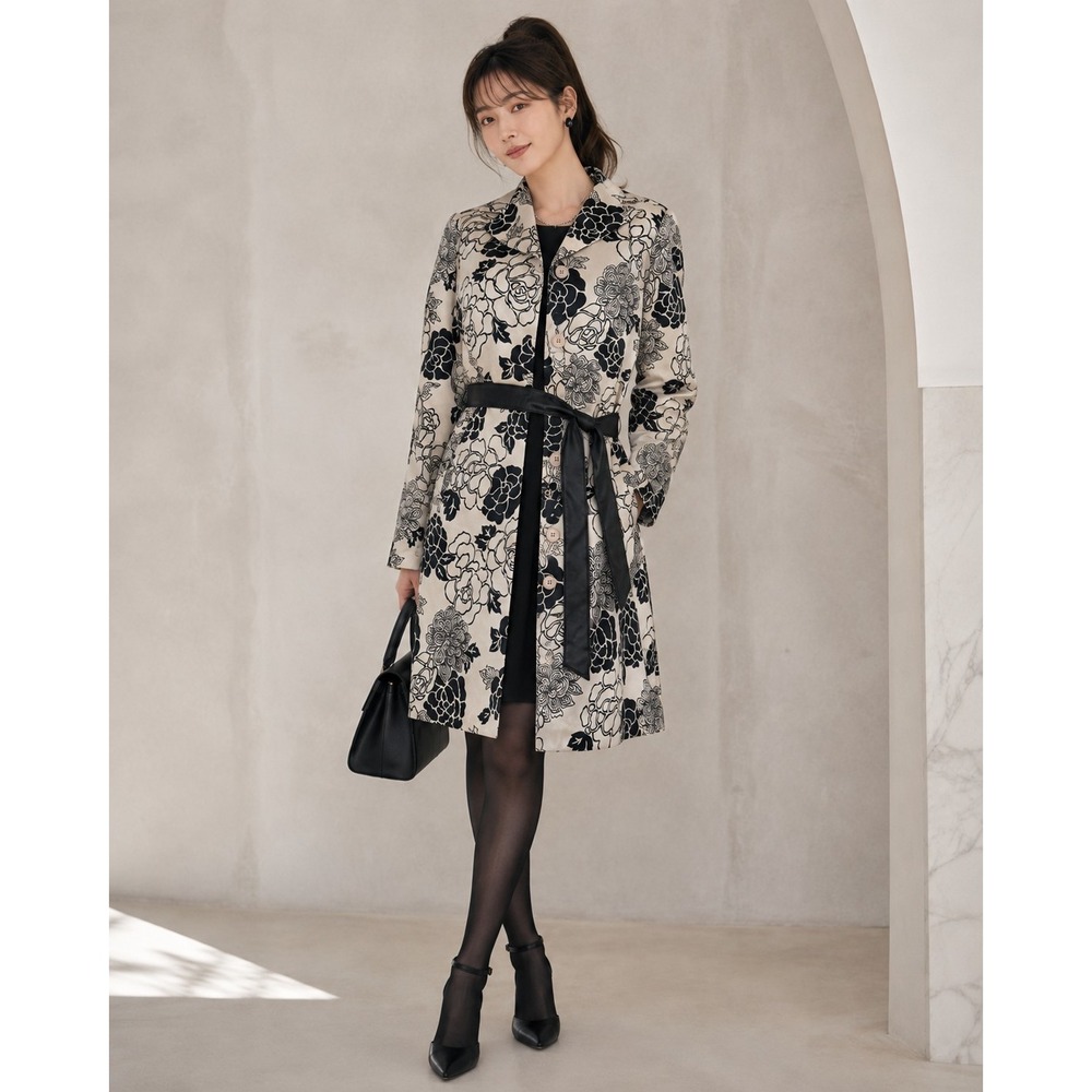 Just In Time Floral Trench Coat Cream Black Satin Duster Leather Belt Med